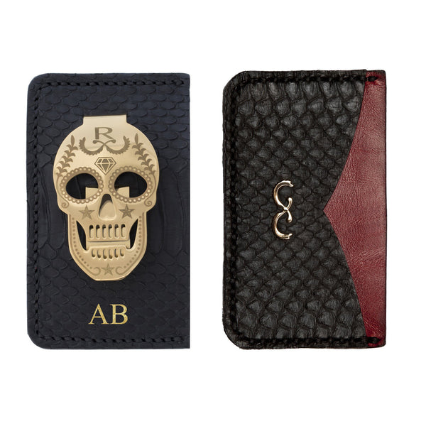 Black Snake Skin Card Holder with Money Clip - Red Middle Pocket